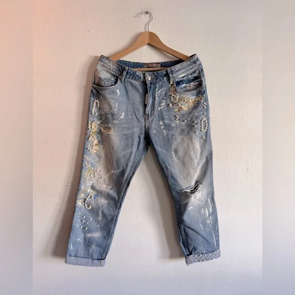 LOLO BLUES Pearl Embellished Cropped Jeans - Picture 1 of 6